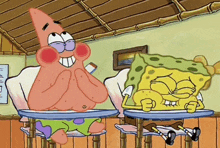 a cartoon of patrick and spongebob sitting at their desks