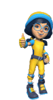 a cartoon character is giving a thumbs up and wearing glasses