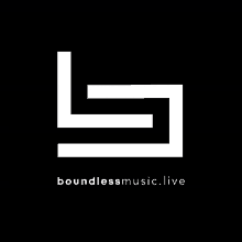 a logo for boundlessmusic.live is shown on a black background