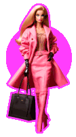 a barbie doll is wearing a pink coat and skirt and holding a black purse