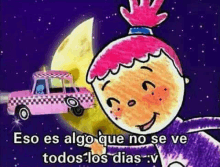 a cartoon girl is standing in front of a pink taxi cab and a moon .