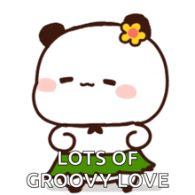 a cartoon panda bear with a flower in its hair and the words lots of groovy love