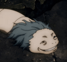 a cartoon character with blue hair is smiling and laying down