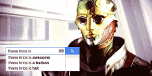 a google search for thane krios is showing a green alien