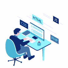 an illustration of a man sitting at a desk with css html and javascript icons