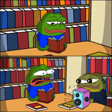 a cartoon of a frog reading a book while another frog plays music