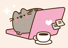 a cartoon of a cat laying on a laptop next to a cup of coffee