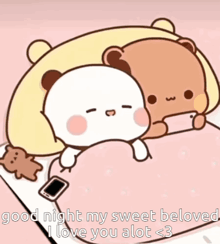 a cartoon of two teddy bears laying on a bed with the words good night my sweet beloved