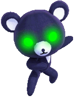 a purple teddy bear with green eyes is flying in the air