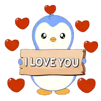 a penguin holding a sign that says " i love you "