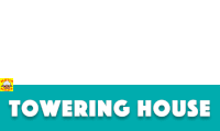 a blue sign that says " towering house " on a white background