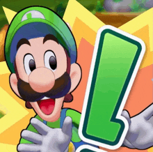 a cartoon character is holding a green exclamation mark