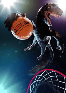 an illustration of a dinosaur holding a basketball that says dinosaurs
