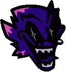 a cartoon drawing of a purple monster with sharp teeth and a pink head .