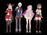 a group of anime characters standing next to each other on a black background