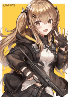 a girl with pigtails is holding a gun with the word ump9 on the bottom