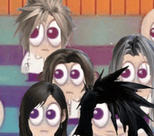 a group of cartoon characters with big eyes are standing next to each other on a staircase .