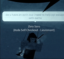 a screenshot of a video game with a speech bubble that says zero sero asda self checkout lieutenant