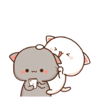 a cartoon cat is scratching another cat 's head while holding a cell phone .