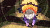 a cartoon character with a beard and horns is surrounded by flames
