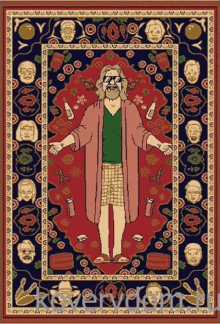 a rug with a drawing of a man in a robe and shorts on it