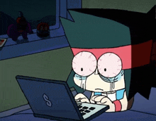 a cartoon character is crying while using a laptop with a s on it