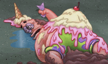 a cartoon drawing of a spongebob character covered in ice cream with a cherry on top