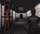 a man in a gas mask is standing in a hallway next to a statue