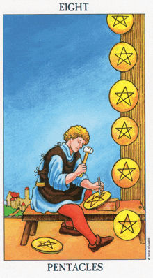 the eight pentacles tarot card shows a man hammering coins on a table