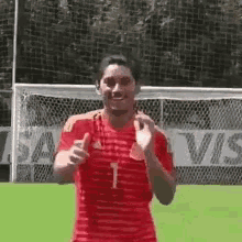 a man in a red and yellow striped shirt is standing in front of a soccer goal on a field .