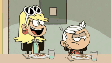 two cartoon characters sitting at a table with plates of food and glasses of water