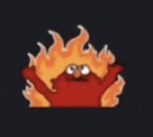 elmo is surrounded by flames on a black background .