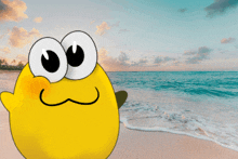 a yellow cartoon character is standing on a beach with the ocean in the background