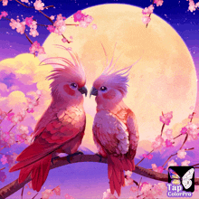 two pink birds are sitting on a branch in front of a full moon in a tap colorpro app