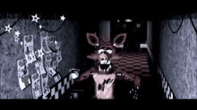 five nights at freddy 's foxy is standing in a hallway in a dark room .