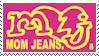 a pink and yellow logo for mom jeans is on a pink background .