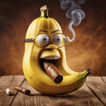 a banana with glasses is smoking a cigar on a wooden table