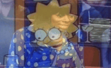 a close up of a cartoon character with a reflection of another character