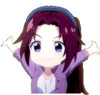 a cartoon girl with purple hair and blue eyes is wearing a headband