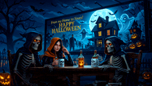 three skeletons sit at a table in front of a billboard that says happy halloween