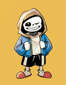 a cartoon drawing of sans wearing a hoodie and shorts