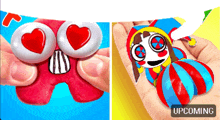 a person is holding a clown with hearts on his eyes and a clown with hearts on his eyes