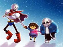 a drawing of papyrus and sans holding hands with a little girl