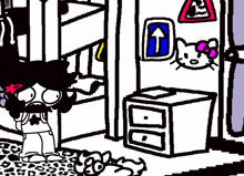 a black and white drawing of a girl in a room with a hello kitty on the wall