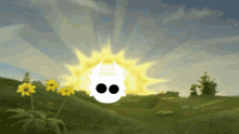 a cartoon drawing of a sun with a skull in the foreground