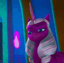 a purple pony with a white mane and a unicorn horn