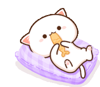 a white cat is laying on a purple pillow eating a fish