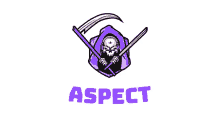 a logo for aspect with a grim reaper holding two swords