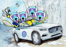 a cartoon drawing of a volvo car with four dogs riding in it