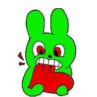 a green bunny with red eyes is holding a red heart